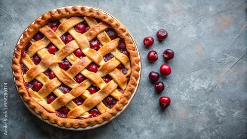 Homemade cherry pie with flaky crust on white background photo