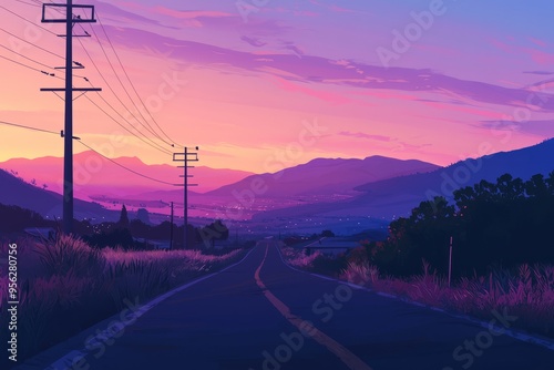 Quiet countryside road with distant mountains and a warm, cozy atmosphere in the twilight. Cozy vibe, Generative AI