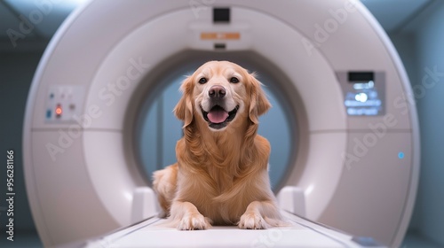 Cute Dog Patiently Sitting on MRI Machine Waiting for Medical Procedure in Veterinary Clinic