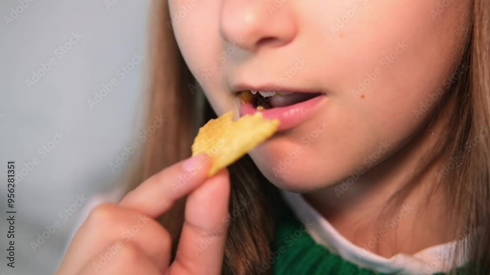 Child puts snack in his mouth with his hand and enjoys eating fast food, potato chips. Offer of tasty and unhealthy food for children. Childhood obesity concept. Child puts snack in his mouth with his hand and enjoys eating fast food, potato chips. Offer of tasty and unhealthy food for children. Childhood obesity concept.
