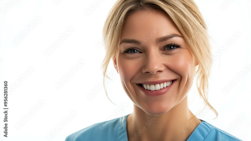 Smiling Portrait of a Blonde Nurse in Blue Scrubs Looking Confidently at the Camera Smiling Portrait of a Blonde Nurse in Blue Scrubs Looking Confidently at the Camera