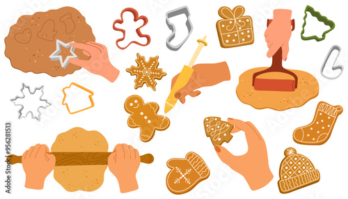 Kneading dough hands. Woman prepares homemade cookies. Xmas ginger bread, biscuits coated with sugar icing, sweet glaze Top view. Cooking school. Flat vector illustration isolated on white background