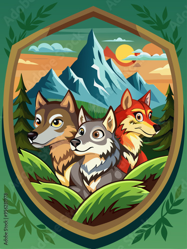 Three Wolves with Mountain Landscape in Shield
