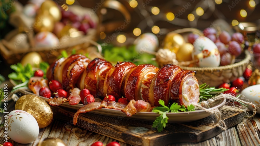 Easter table with grilled white sausage wrapped in bacon with prune and horseradish