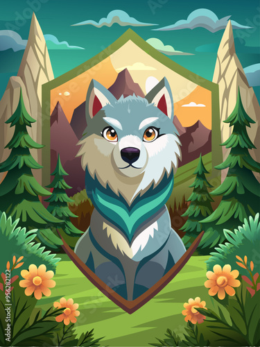 Cartoon Wolf in a Mountainous Forest Setting