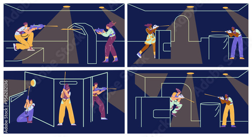 Vector set graphics capturing the excitement of laser tag with cartoons characters wielding pistols