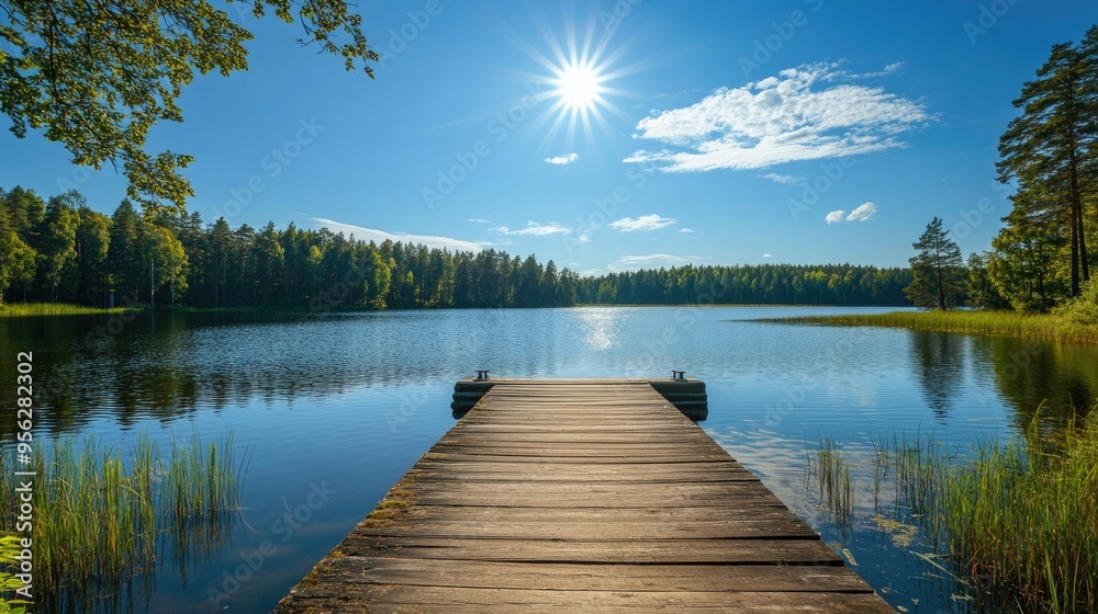 Fototapeta premium Traditional Finnish and Scandinavian view. Beautiful lake on a summer day and an old rustic wooden dock or pier in Finland. Sun shining on forest and woods in blue sky