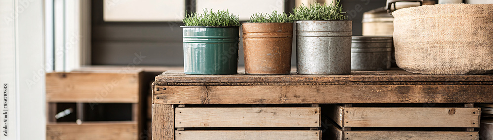 Stylish wooden table with potted plants, creating a warm and inviting interior atmosphere for home decor enthusiasts. Stylish wooden table with potted plants, creating a warm and inviting interior atmosphere for home decor enthusiasts.