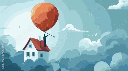 Rising Home Mortgage Interest Rates: House Owner with Telescope on Flying Balloon House Exploring Real Estate Investment Opportunities