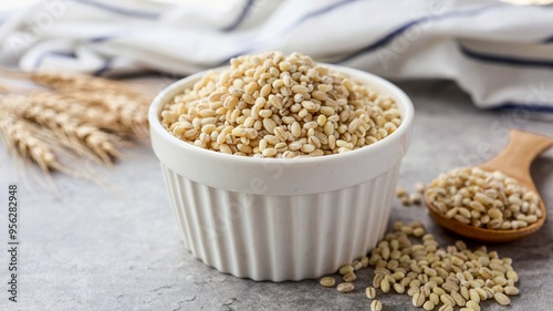 Barley rice in a white cup on gray cement background