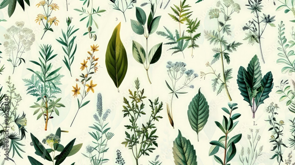 A pattern background featuring an array of antique botanical prints of medicinal plants, illustrated in dusky greens and blues. A pattern background featuring an array of antique botanical prints of medicinal plants, illustrated in dusky greens and blues.