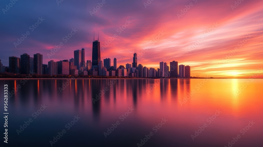 Fototapeta premium Chicago Skyline Sunset Reflection