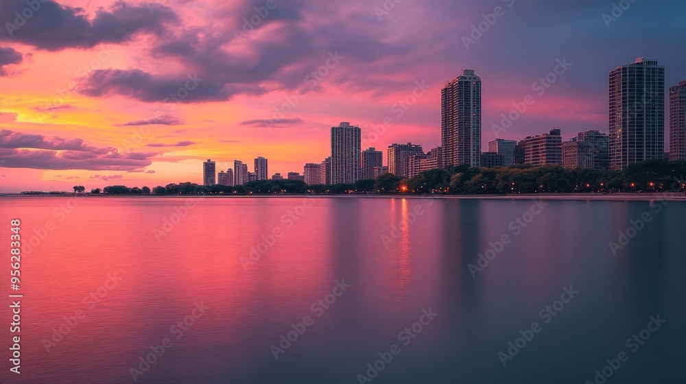 City Skyline Sunset Reflection in Water City Skyline Sunset Reflection in Water