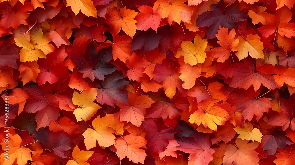 A seamless pattern of maple leaves in rich autumn hues, from bright red to warm orange and yellow, the leaves gently falling and swirling in a dynamic and vibrant design, A seamless pattern of maple leaves in rich autumn hues, from bright red to warm orange and yellow, the leaves gently falling and swirling in a dynamic and vibrant design,