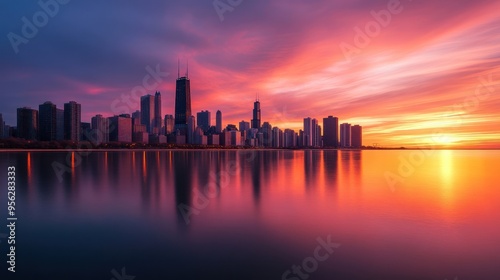 Chicago Skyline Sunset Reflection