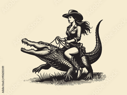 Beautiful cowgirl woman riding an alligator. vintage black and white engraving vector isolated illustration, cut out, woodcut. Print, tattoo