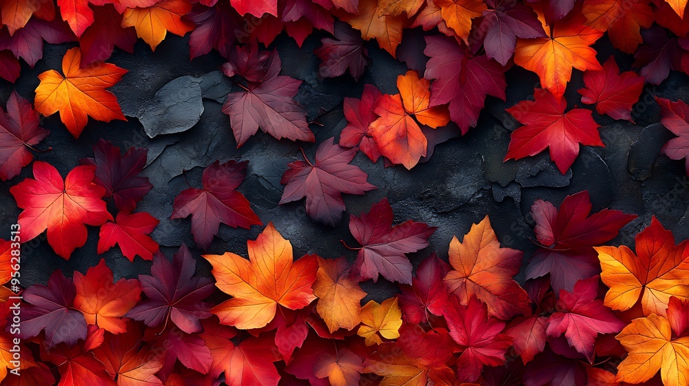 A seamless pattern of maple leaves in vibrant fall colors, ranging from deep red to bright orange and golden yellow, the leaves scattered and softly falling across a textured background, A seamless pattern of maple leaves in vibrant fall colors, ranging from deep red to bright orange and golden yellow, the leaves scattered and softly falling across a textured background,