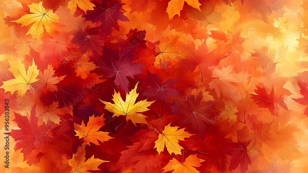 A seamless pattern of maple leaves in vibrant fall colors, ranging from deep red to bright orange and golden yellow, the leaves scattered and softly falling across a textured background, A seamless pattern of maple leaves in vibrant fall colors, ranging from deep red to bright orange and golden yellow, the leaves scattered and softly falling across a textured background,