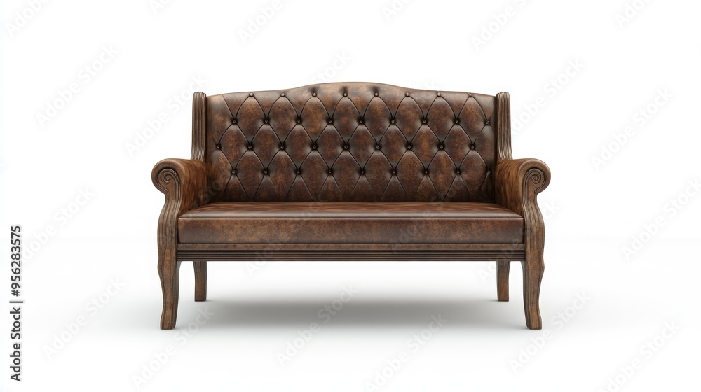 3D rendering of an old brown leather bench on a white background with ample copy space 3D rendering of an old brown leather bench on a white background with ample copy space