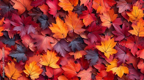 A seamless pattern of maple leaves in vibrant fall colors, ranging from deep red to bright orange and golden yellow, the leaves scattered and softly falling across a textured background, photo