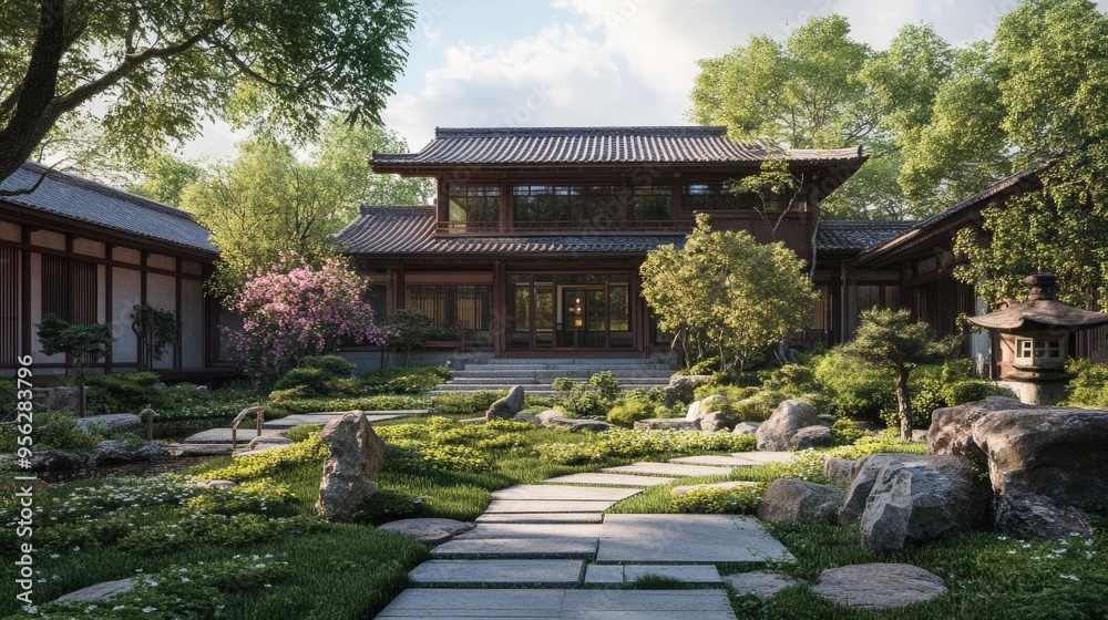 3D rendering of an 80 year old Japanese garden villa featuring historical architecture 3D rendering of an 80 year old Japanese garden villa featuring historical architecture