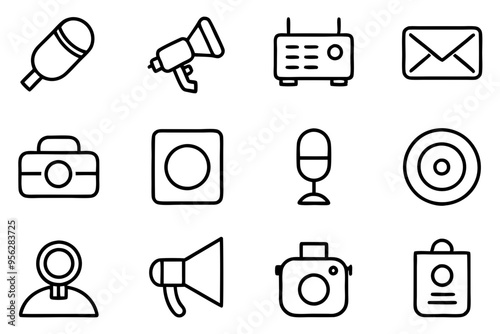 Communication Icons Set. Microphone, megaphone, radio, email, camera, CD, microphone, webcam, megaphone, camera, id card icon vector illustration 