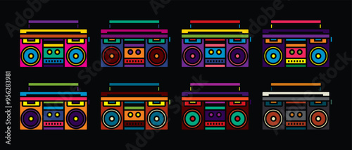 Original vector icon set in vintage style. Portable stereo tape recorder. Boombox.
