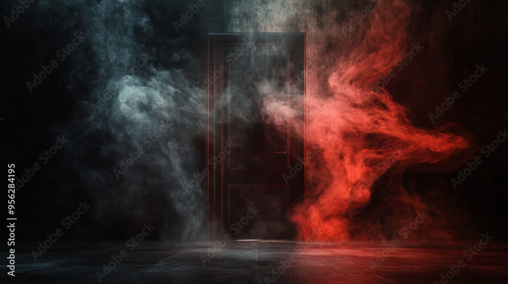 Mystical red smoke swirling from a mysterious door in the darkness abstract surreal afterlife heavenly fog and light black background negative space copy space life after death path journey portal Mystical red smoke swirling from a mysterious door in the darkness abstract surreal afterlife heavenly fog and light black background negative space copy space life after death path journey portal