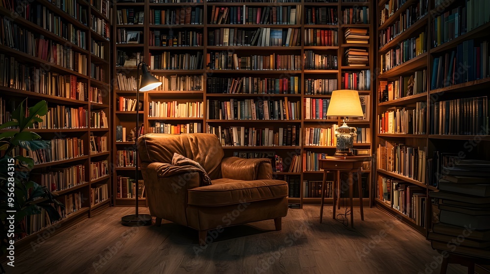 A home library with floor to ceiling bookshelves filled with books, a comfortable reading chair, and a side table with a lamp. A home library with floor to ceiling bookshelves filled with books, a comfortable reading chair, and a side table with a lamp.