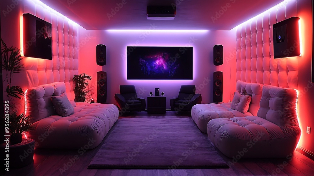 A sleek and spacious VR gaming room, featuring padded walls in a soft metallic tone, motion sensors throughout, and an open, minimalist layout, A sleek and spacious VR gaming room, featuring padded walls in a soft metallic tone, motion sensors throughout, and an open, minimalist layout,