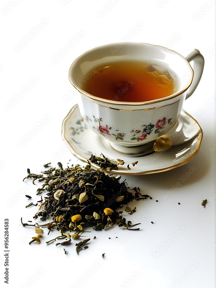 Aromatic tea in cup, Green green, leaves Aromatic tea in cup, Green green, leaves