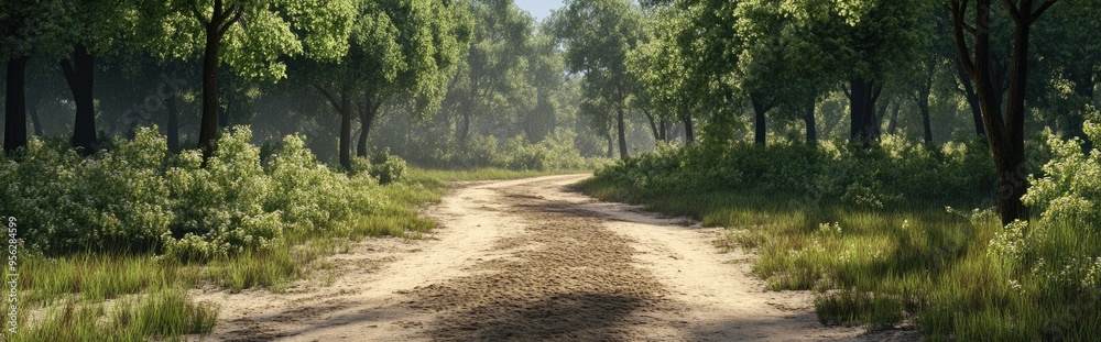 3D rendering of a dirt road surrounded by vegetation 3D rendering of a dirt road surrounded by vegetation
