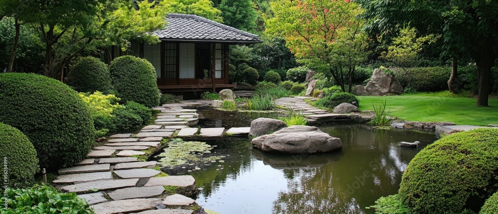 Fototapeta premium garden with pond in asian style