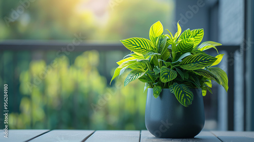 A potted green plant with sunlit leaves, on a wooden table with a blurred green background. photo