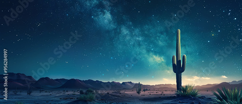 A single cactus stands tall under a starry desert sky.