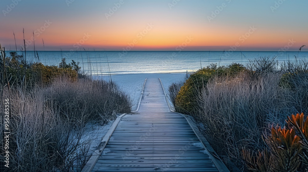 Obraz premium A peaceful stroll down a boardwalk leading to a beach at sunset, with the path lightly adorned with native shrubs and the horizon meeting the calm evening ocean in a splash of sunset colors.