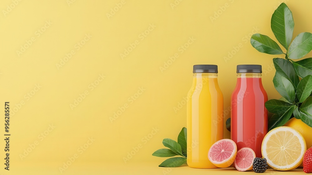 Organic juice bottles, made from fresh fruits, 3D illustration