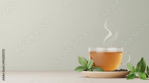 Organic herbal tea, steaming cup with herbs on side, 3D illustration