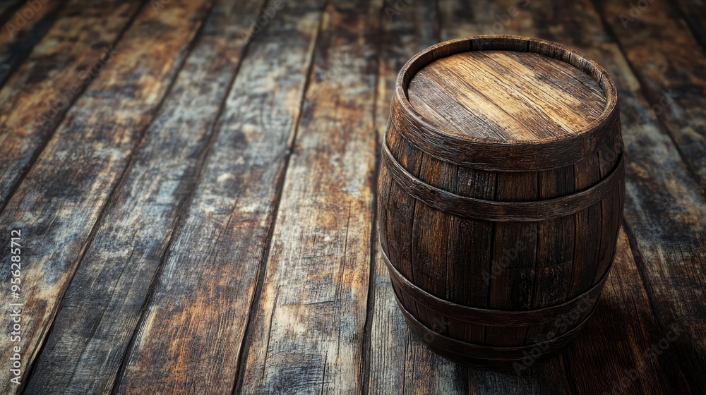 Fototapeta premium 3D rendering of a barrel on a weathered wooden table background