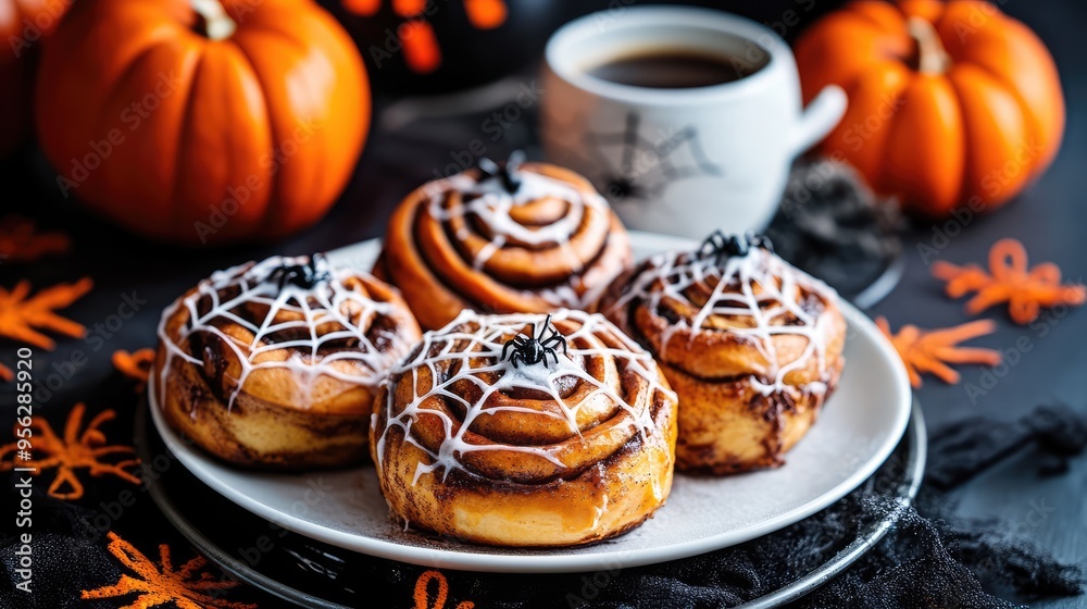 Freshly Baked Halloween Cinnamon Rolls with Spider Web Ornament, Coffee Cup, and Orange Pumpkins in Background, 3D Illustration. AI generated illustration.