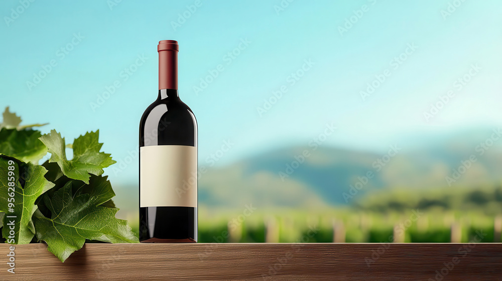 Fototapeta premium Organic wine bottle, with vineyard background, 3D illustration