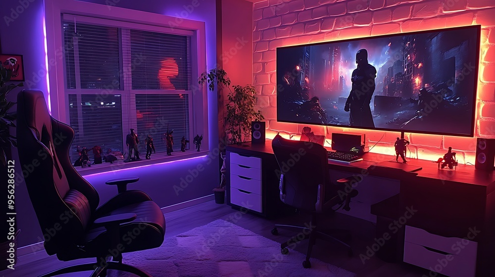 A superhero-themed gaming room, with walls covered in comic book art, vibrant red and blue lighting, and a sleek gaming desk adorned with superhero figurines, A superhero-themed gaming room, with walls covered in comic book art, vibrant red and blue lighting, and a sleek gaming desk adorned with superhero figurines,