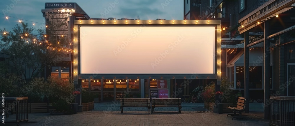 Blank billboard in front of restaurant, mockup sign for advertising promotion Blank billboard in front of restaurant, mockup sign for advertising promotion