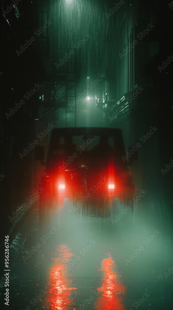 Obraz premium Red Taillights Illuminate a Rainy City Street