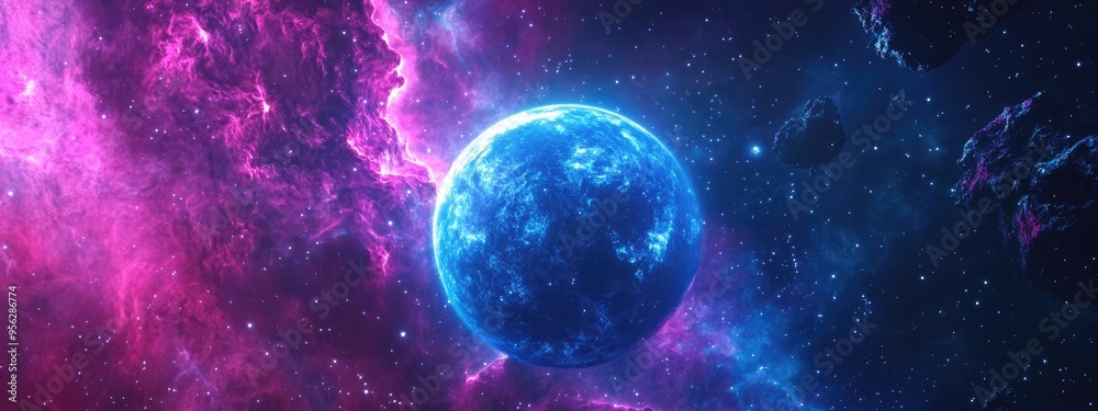 Blue planet nebula and stars in a 3D cartoon rendering Space background 3D rendering Blue planet nebula and stars in a 3D cartoon rendering Space background 3D rendering