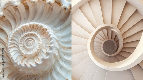 Nautilus shell and spiral staircase illustrating biomimicry in design, showcasing natural patterns and architectural innovation.