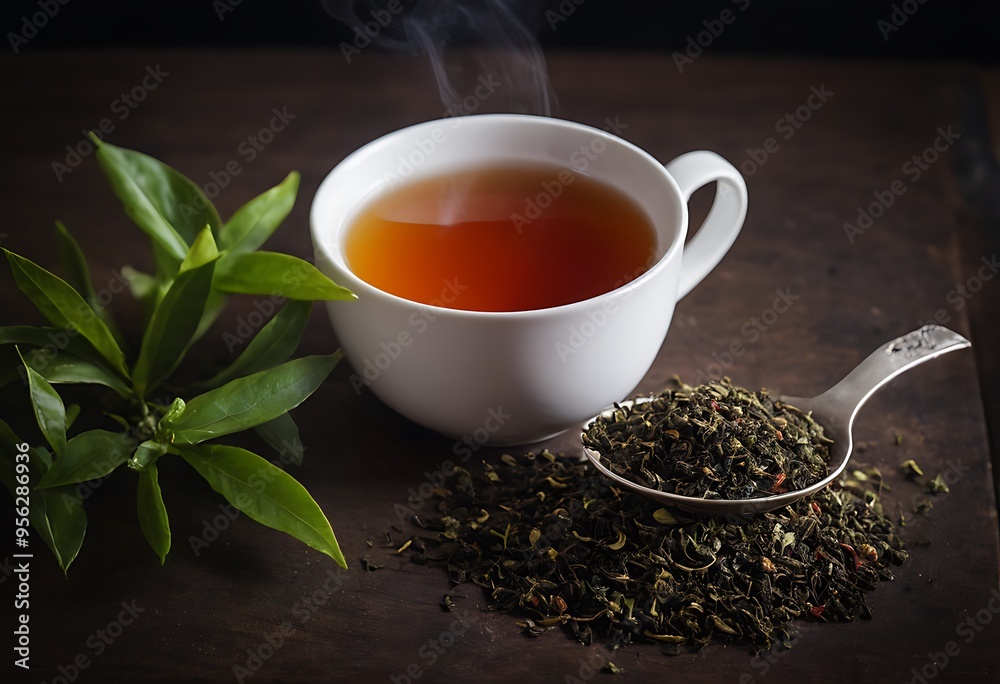 Aromatic tea in cup, Green green, leaves Aromatic tea in cup, Green green, leaves