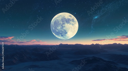 Cartoon rendering in 3D of a daytime full moon in the morning