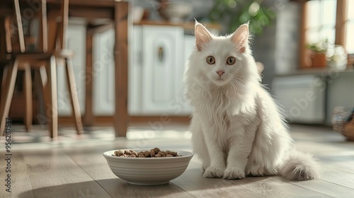 White small Turkish Angora cat sits near a bowl of food Food for little cats photo