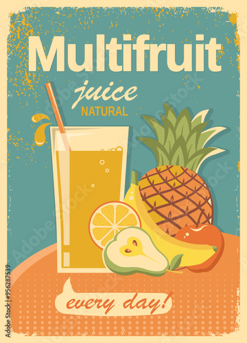 Multifruit juice vintage Poster orange blue background. Vector summer Fresh multifriut Juice illustration with text on old paper Background texture